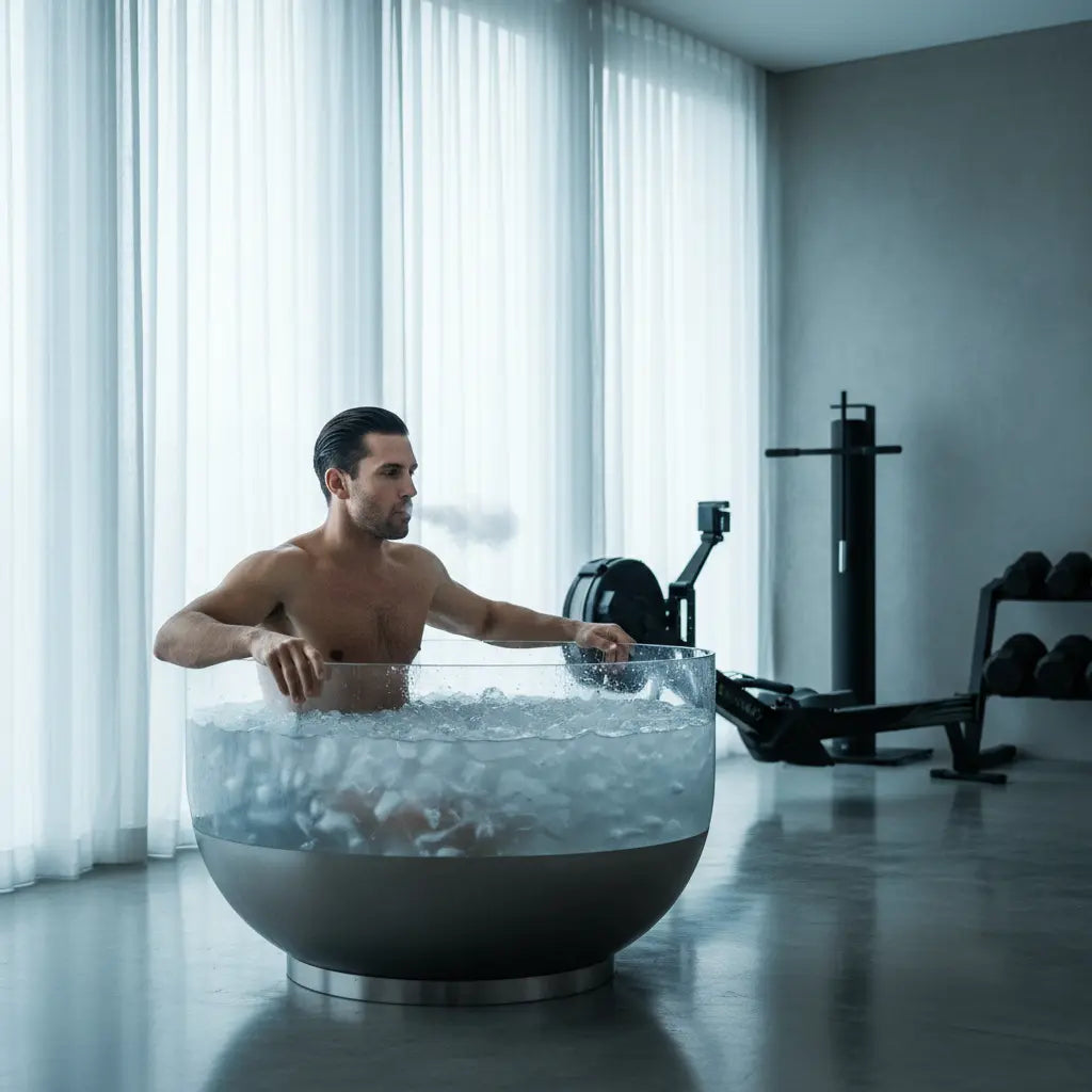 Man steams after using a modern ice bath in a bright home gym space